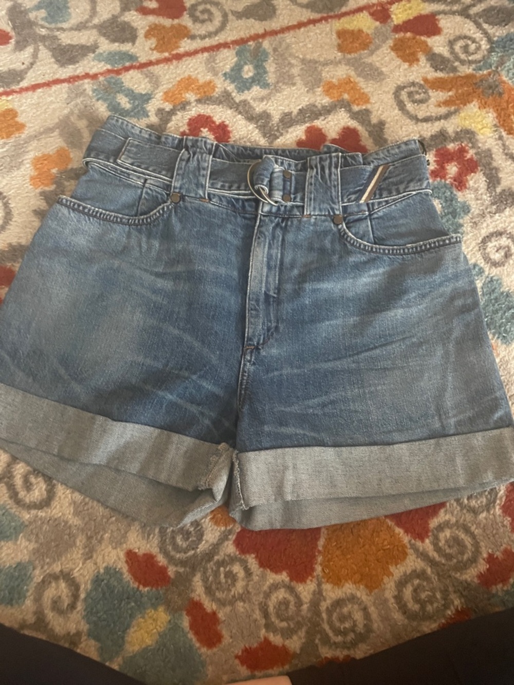 High-Rise Paperbag Waist Denim Shorts - Blue